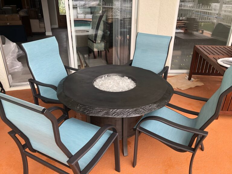 King Cayman Sling by SFU Frame-Granite Fabric-Madras Tweed Surf Fire Table by Castelle