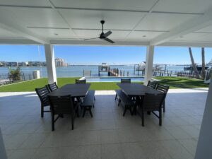 Aluminum patio dining table with benches